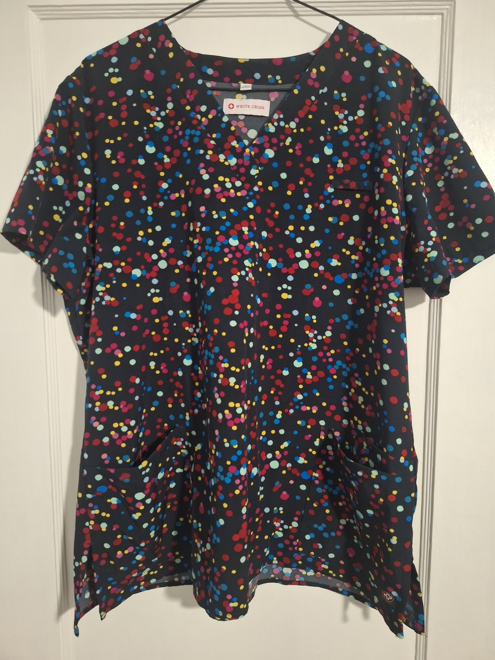 White Cross Black Short-Sleeve Scrub Top with Colorful Confetti Dot Print